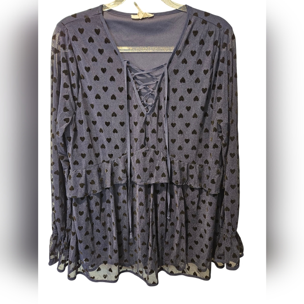 Entro heart polka dot sheer blouse womans large Navy ruffle sheer boho hearts